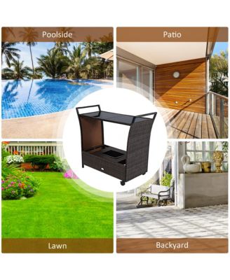 Patio Rattan Bar Serving Cart Wheels Ice Bucket Glass Top Handle Garden
