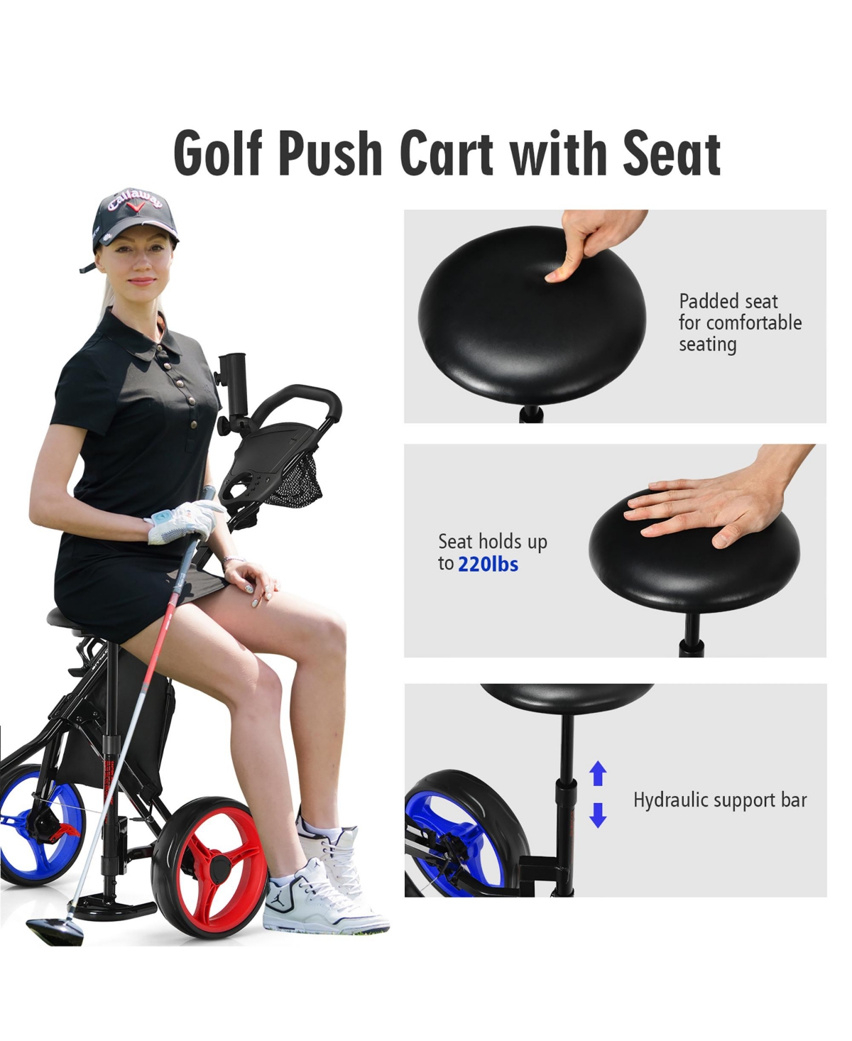 Costway Folding 3 Wheels Golf Push Cart W/Seat Scoreboard Adjustable Handle