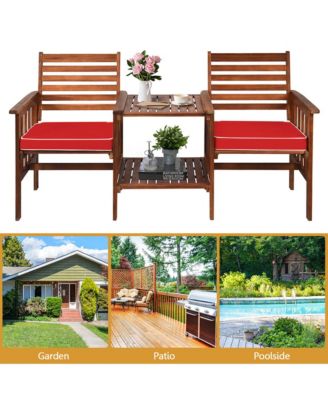 Acacia Wood Loveseat Patio Outdoor Conversation Set w/ Table Red Cushion