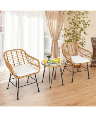 3 Pieces Rattan Furniture Set with Cushioned Chair Table