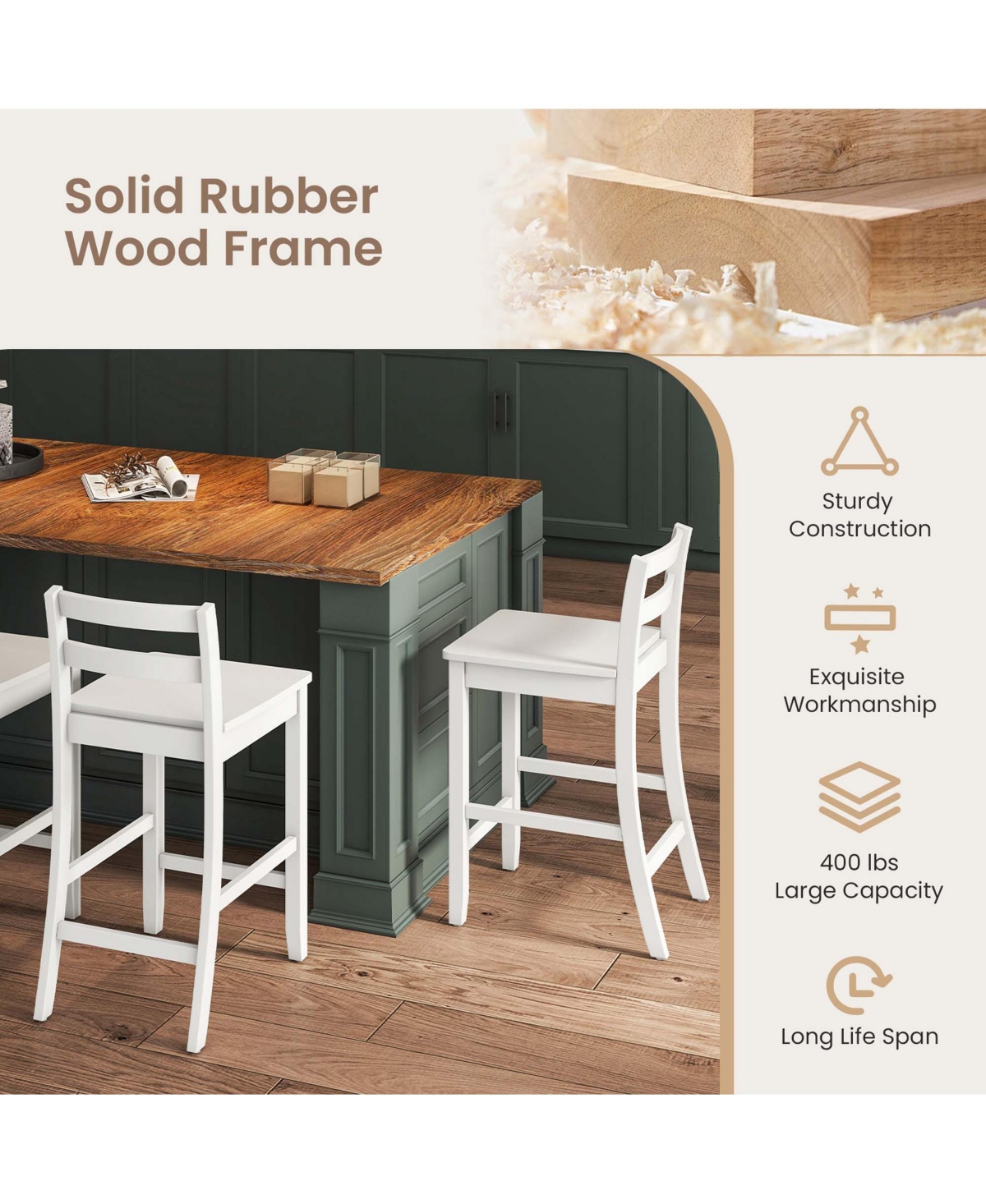 Costway 24-Inch Wooden Bar Stools Set of 2 with Ergonomic Backrest Counter Height Stools