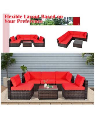 6PCS Rattan Outdoor Sectional Sofa Set Patio Furniture Set w/ Red Cushions
