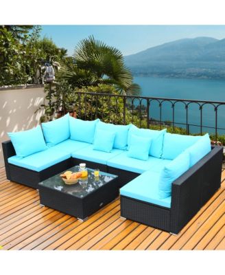 7PCS Rattan Patio Conversation Set Sectional Furniture Set w/ Blue Cushion