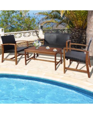4PCS Patio Conversation Set Outdoor Furniture Set w/ Acacia Wood Frame