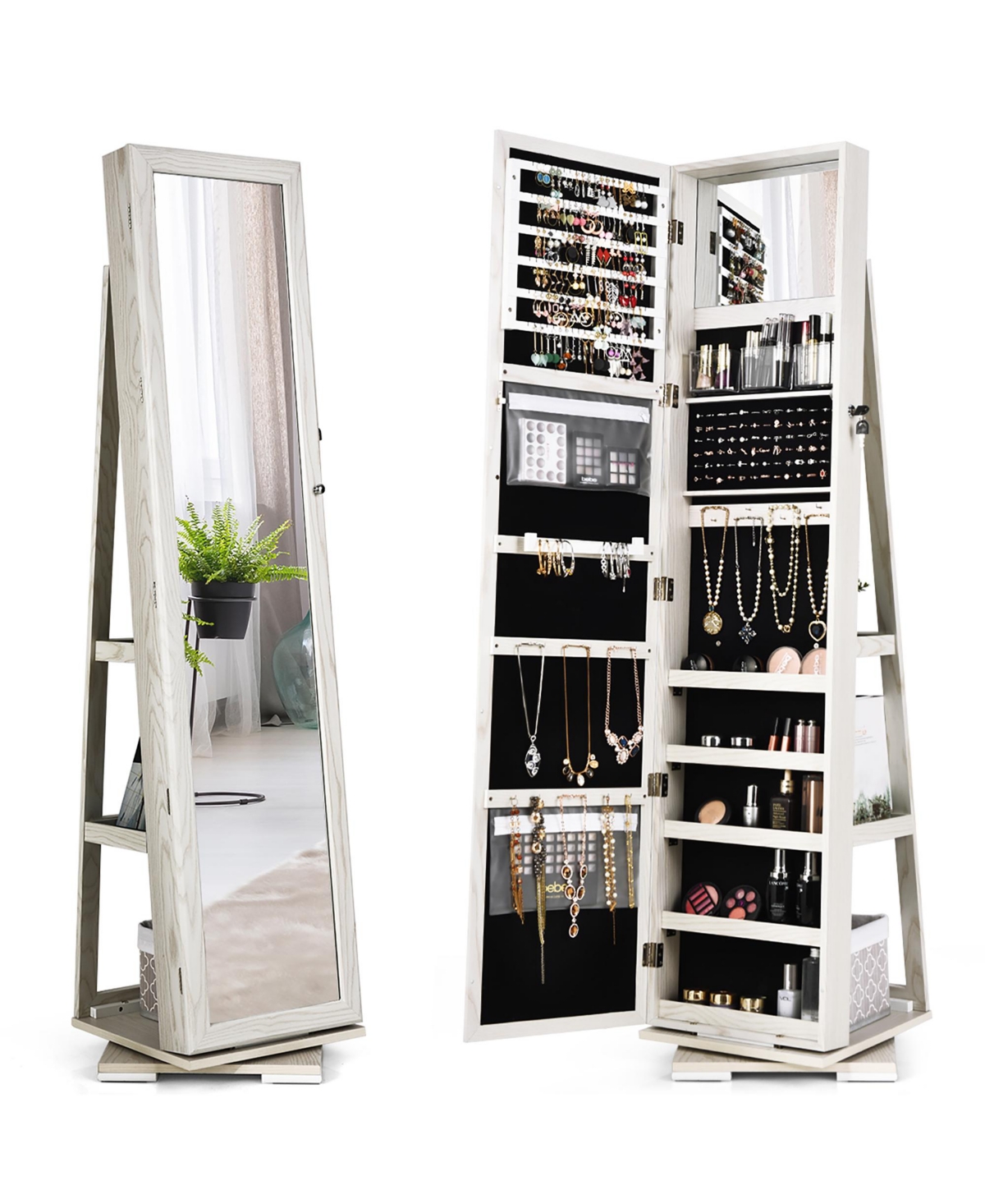 360degree Rotatable Jewelry Cabinet 2-in-1 Lockable Mirrored Organizer - White
