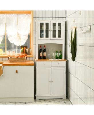 67" Tall MDF, Engineered & Rubber Wood, Wood Top, Hutch, Adjustable Shelves, Glass Doors Kitchen Pantry Cabinet