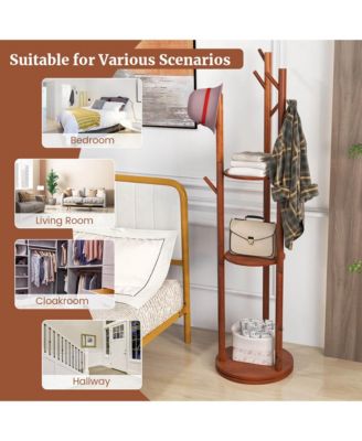 Freestanding Wooden Coat Tree 360&amp;#xB0; Rotary Coat Rack with 3 Display Storage Shelves