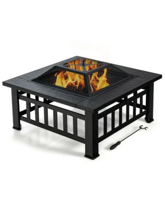 32'' 3 in 1 Outdoor Square Fire Pit Table W/ BBQ Grill Rain Cover for Camping