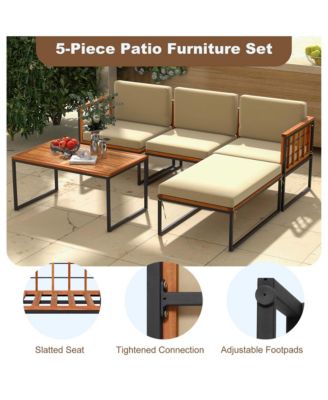 5 PCS Patio Furniture Set Acacia Wood Sectional Set with Seat & Back Cushions