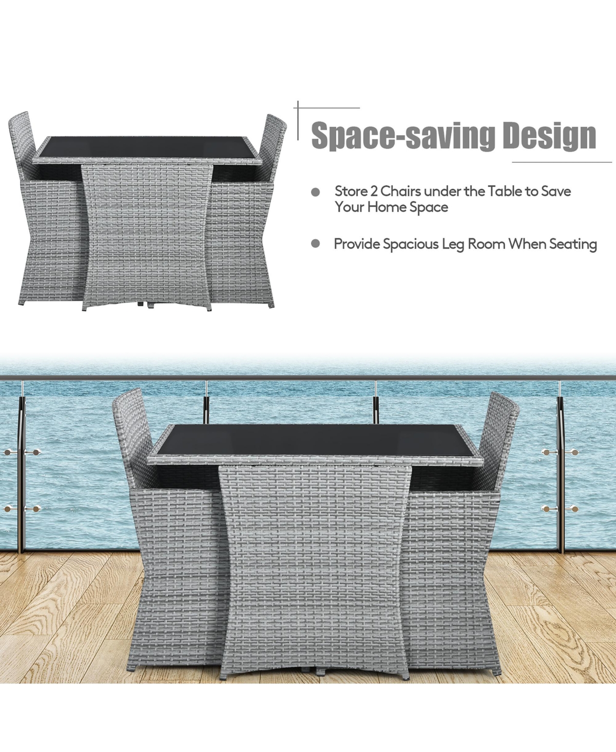 3PCS Patio Rattan Furniture Set Cushioned Sofa Armrest Garden