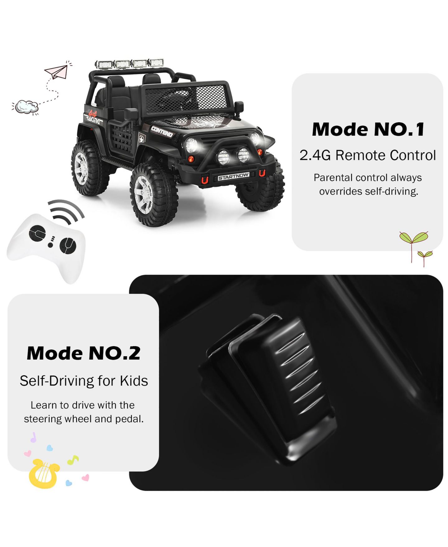 Детская игрушка Costway Kids Ride On Truck, 12V Electric with Remote Control and Lights & Music, 110 lb. Capacity, от 3 лет, цвет: Чёрный — фото 8
