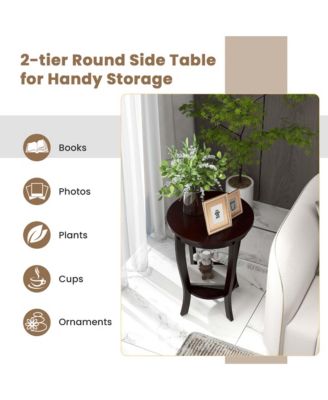 2-Tier End Table – 1 Pc, Wood & Metal, 18'' Round, Compact Design with Storage Shelf, Sofa Side/Nightstand