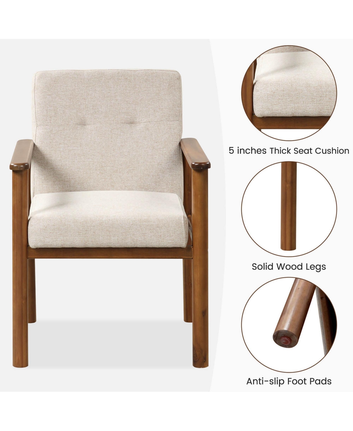 Costway Modern Accent Chair Upholstered Linen Fabric Armchair with Solid Wood Legs -khaki