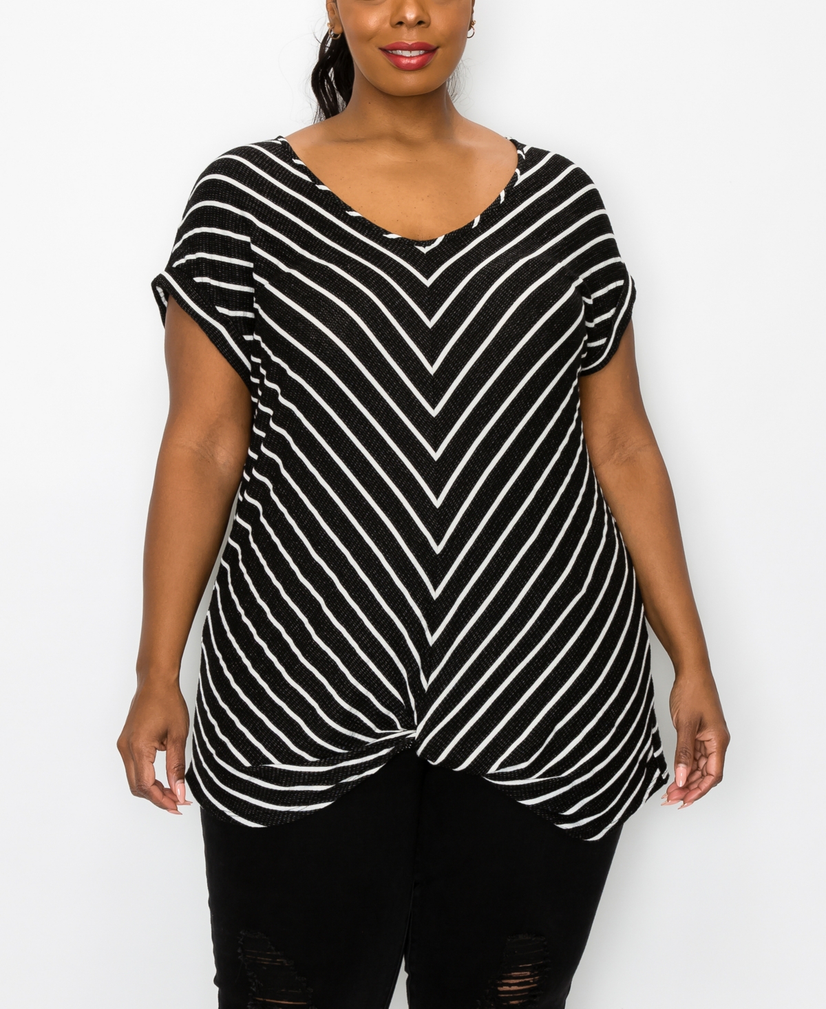 Coin 1804 Plus Size Pointelle Stripe Mitered Twist Front Top In Black Ivory