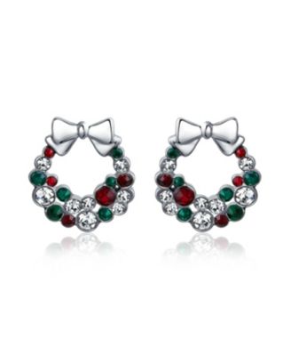 Fashion Sparkling Christmas Bow Red Green White Crystal Holiday Wreath Pendant Necklace Stud Earrings Jewelry Set Crystal