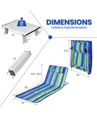 3 Pieces Beach Lounge Chair Mat Set 2 Adjustable Lounge Chairs with Table Stripe