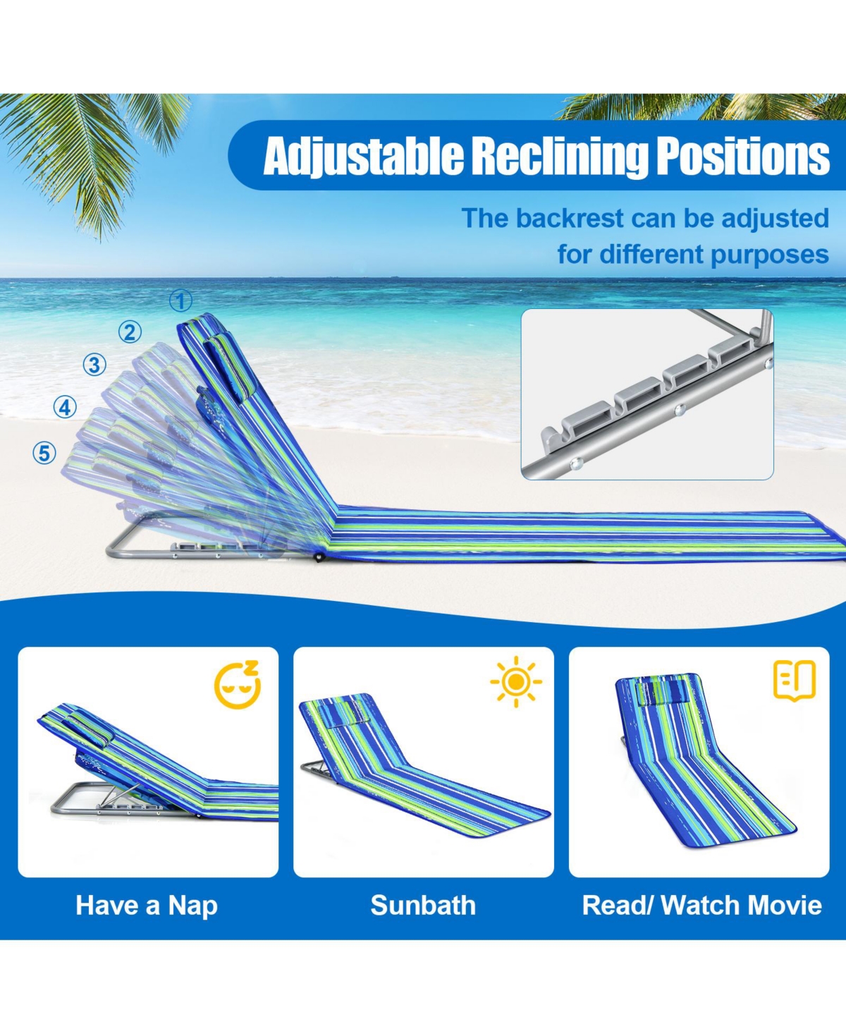 Inolait 3 Pieces Beach Lounge Chair Mat Set 2 Adjustable Lounge Chairs with Table Stripe