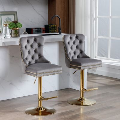 Streamdale Gray Velvet Swivel Bar Stools, Set of 2