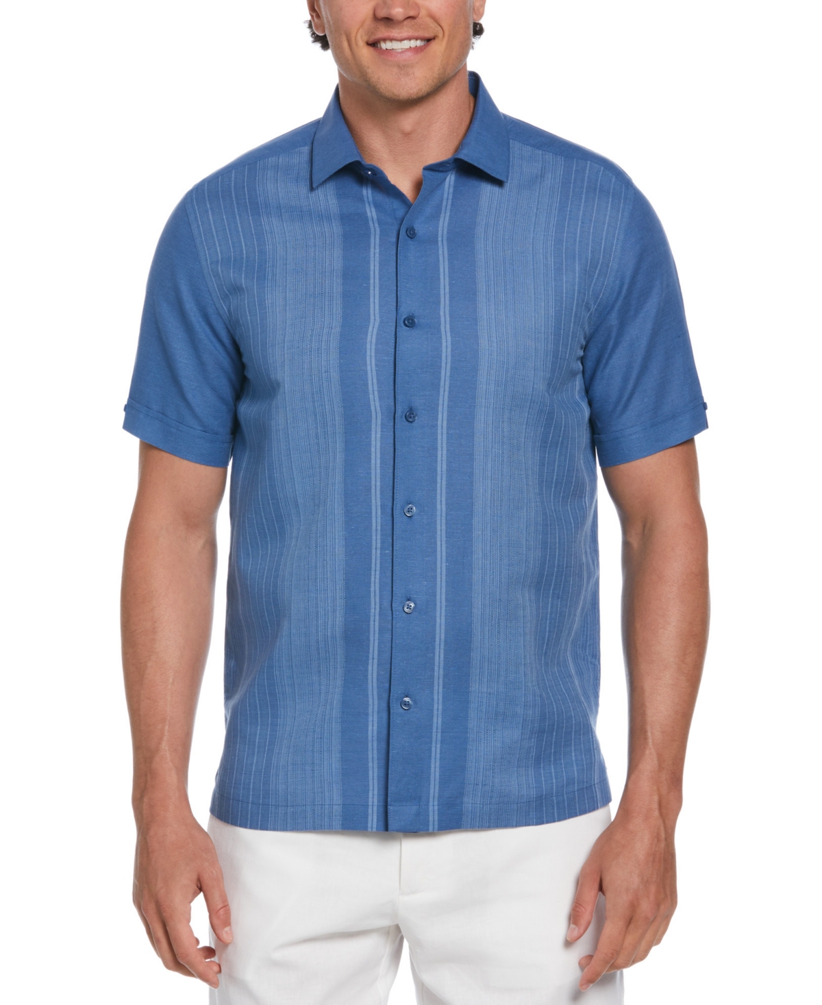 Men's Linen Blend Gradient Panel Short Sleeve Button-Down Shirt - Dutch Blue