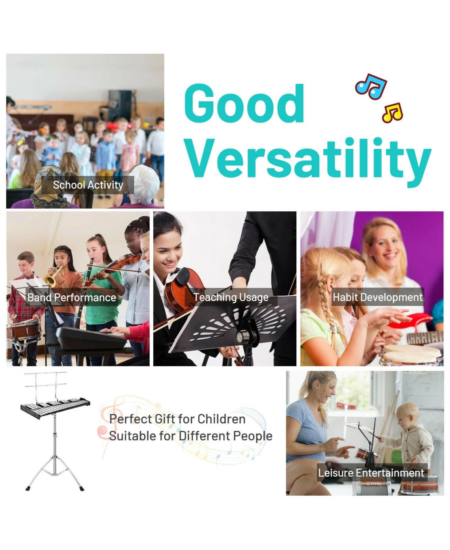 32-Note Glockenspiel Xylophone Percussion Bell Kit with Adjustable Stand