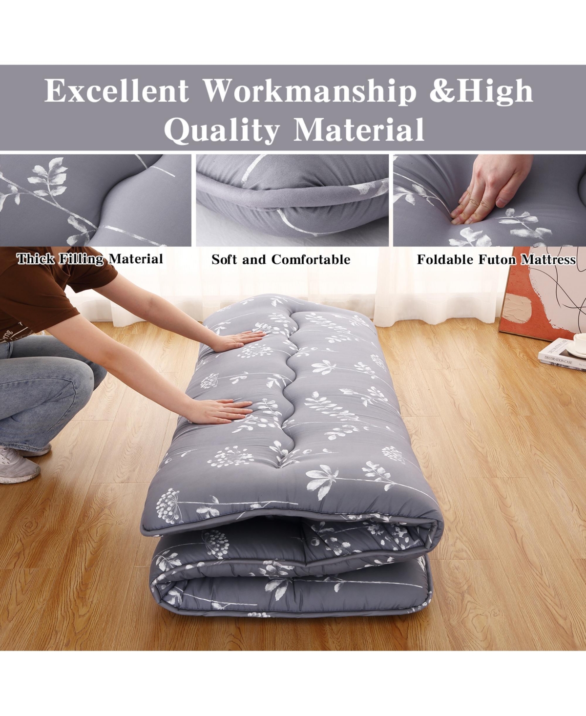 Caromio Futon Mattress Size, Floral Print Floor Mattress Pad Portable Dorm Sleeping Pad, 54