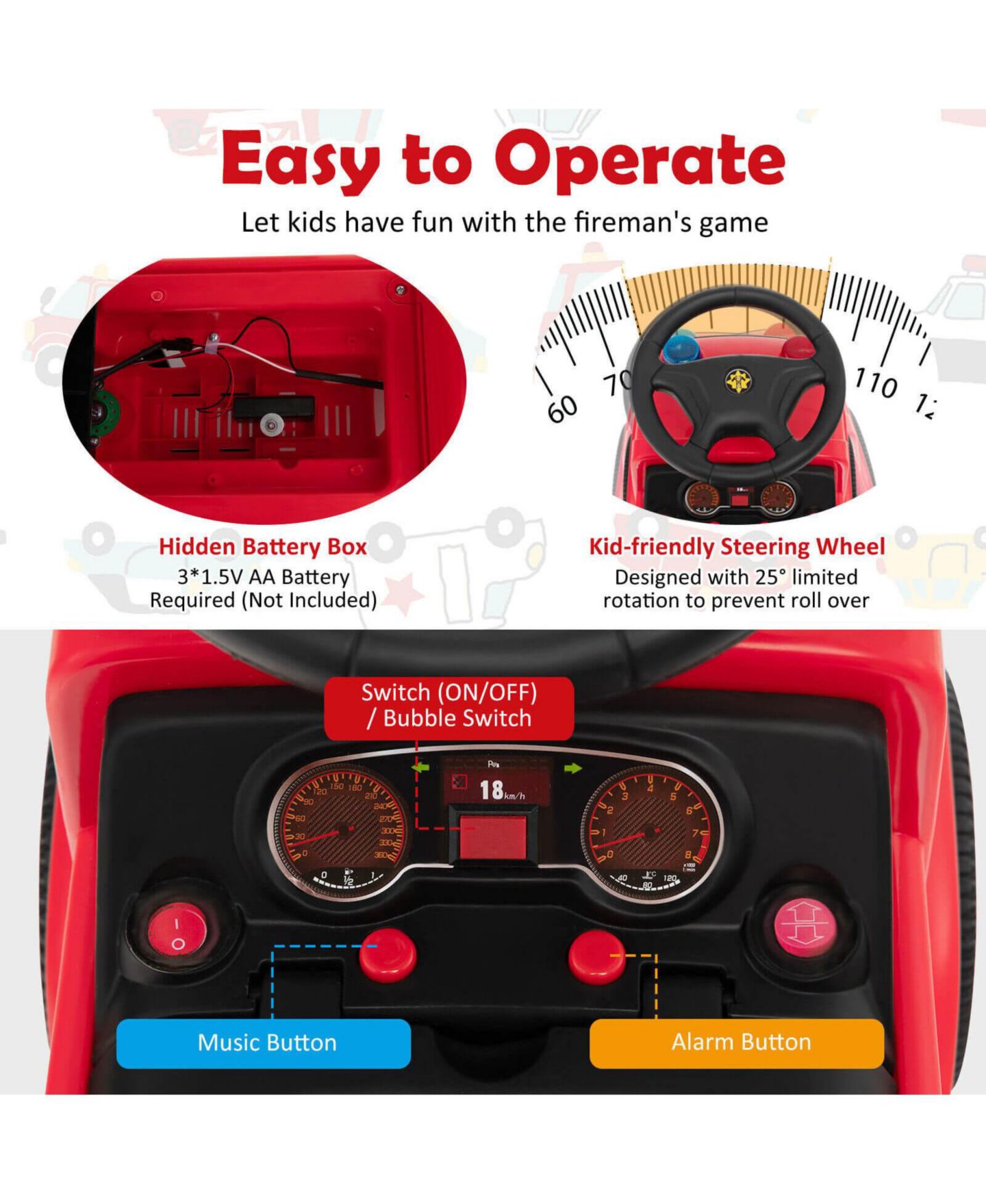 Детская игрушка SUGIFT Fire Truck with Ladder Bubble Maker Interactive Steering Ride-On, Ages 1.5+ — фото 3