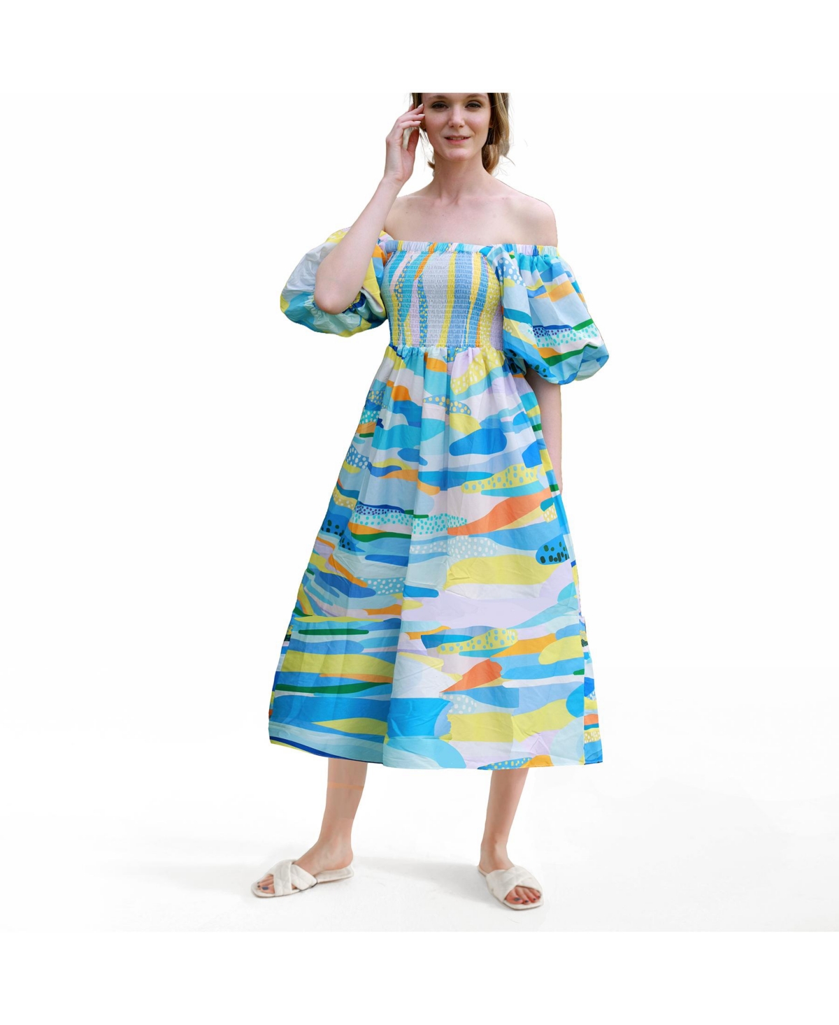 Women's Landscape Smocked Cotton Silk Dress - Blue, yellow, white, orange, green