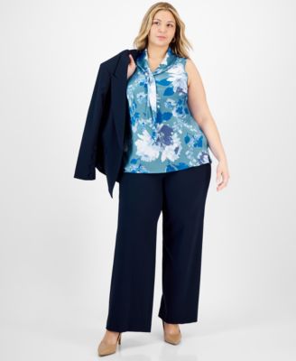 Plus Size Printed Sailor Tie-Neck Blouse
