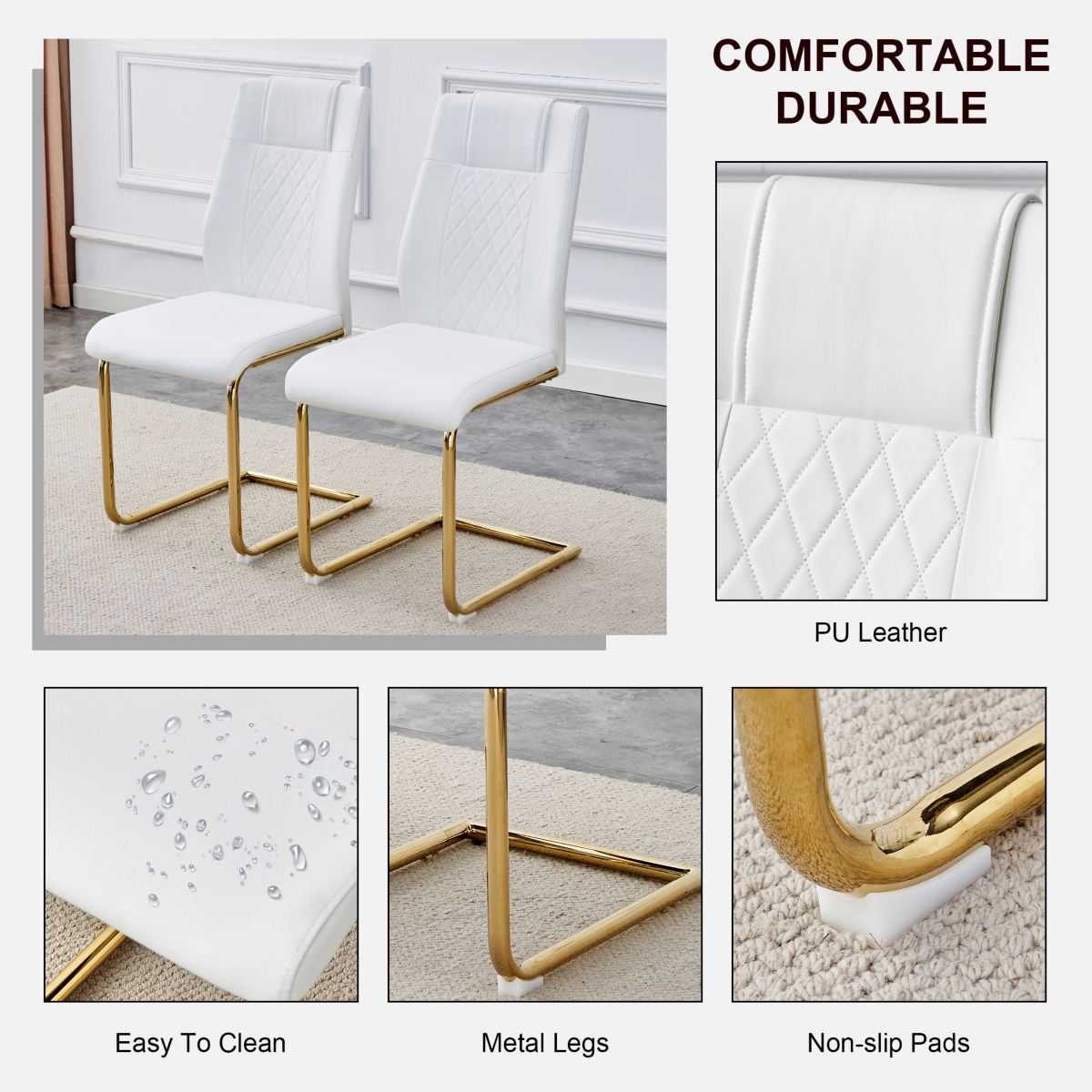 Streamdale Furniture 4 Modern Golden Leg Cushioned Chairs, White+Pu