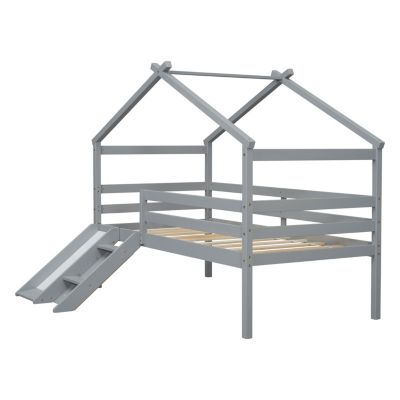 Twin Low Loft House Bed With Slide, Ladder, Safety Guardrails, House Roof Frame, Grey
