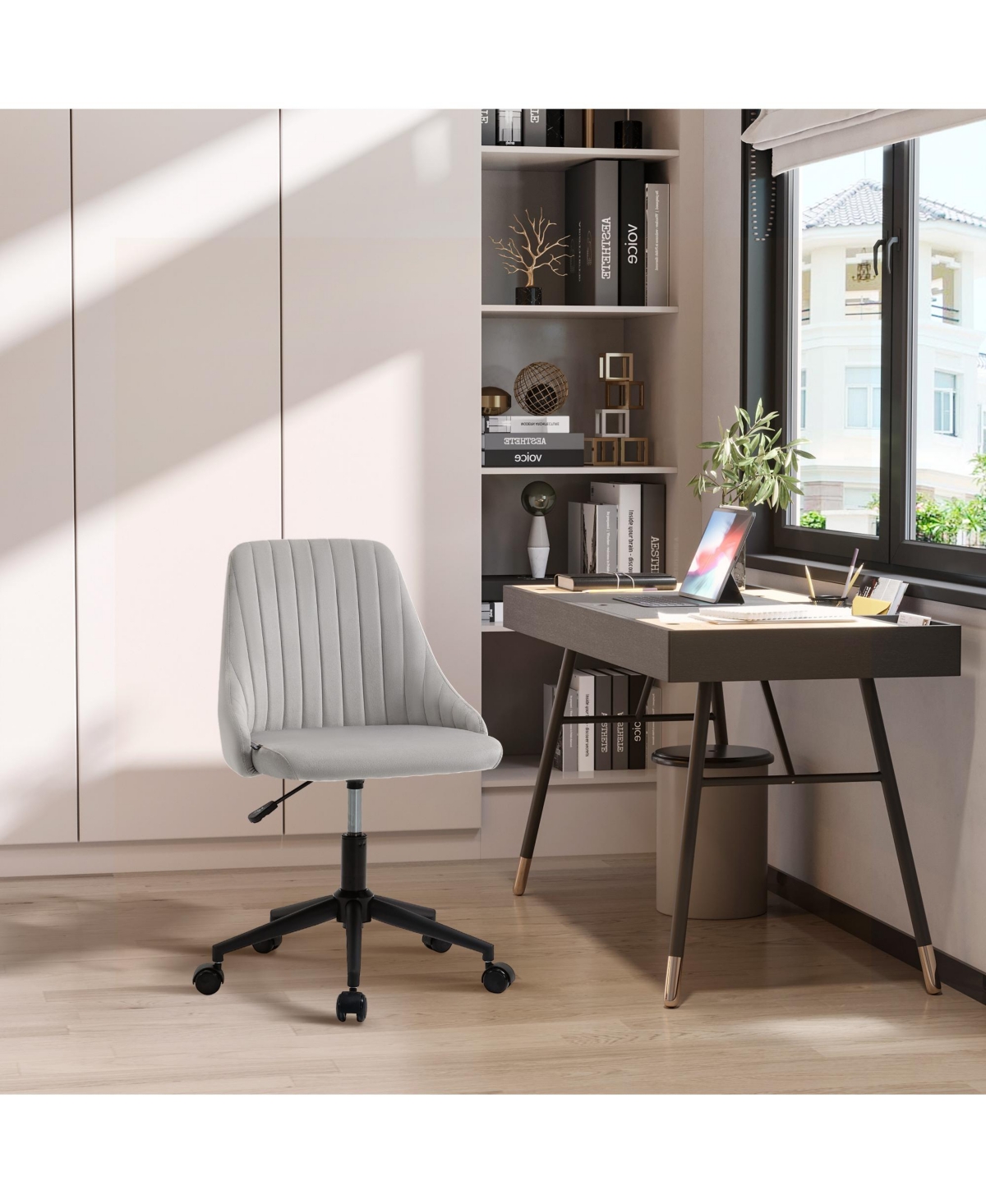 Vinsetto Mid-Back Office Chair, Velvet Fabric Swivel Scallop Shape Computer Desk Chair for Home Office or Bedroom, Grey