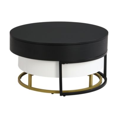 Modern Round Lift-Top Coffee Table with Drawers (White & Black)