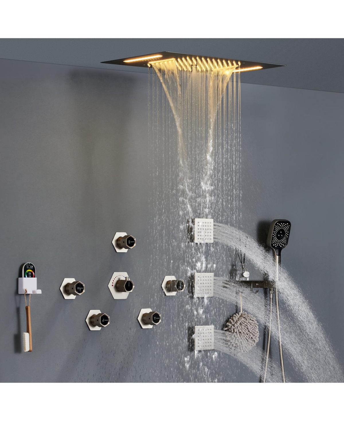 Mondawe Ceiling Mounted Luxury Led Shower System Set with Handheld Spray, 3 Body Jets & Remote Control, Brushed Gold