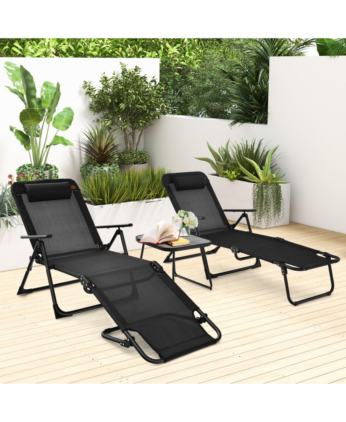 Slickblue 3 Pieces Patio Folding Chaise Lounge Set with Pvc Tabletop- Black