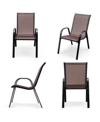 4PCS Patio Stacking Dining Chairs w/ Curved Armrests & Breathable Seat Fabric Brown
