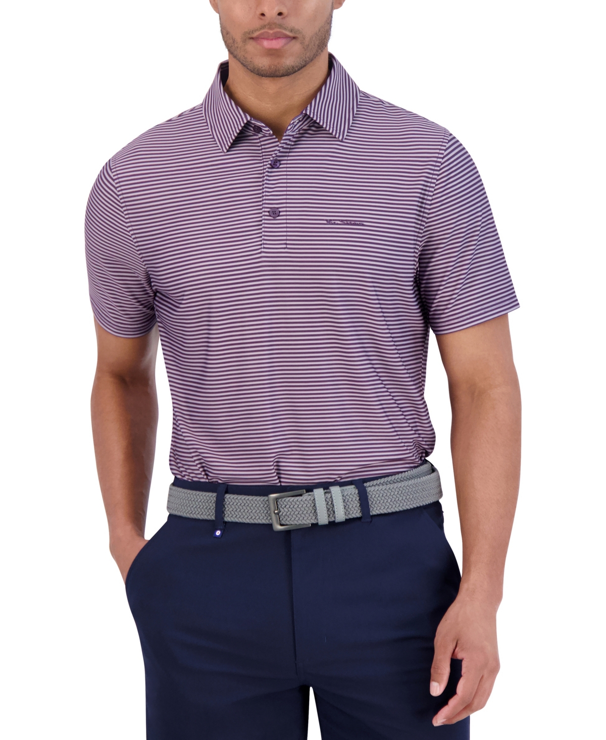 Ben Sherman Mini Stripes Tech Jersey Sports Fit Polo In Plum