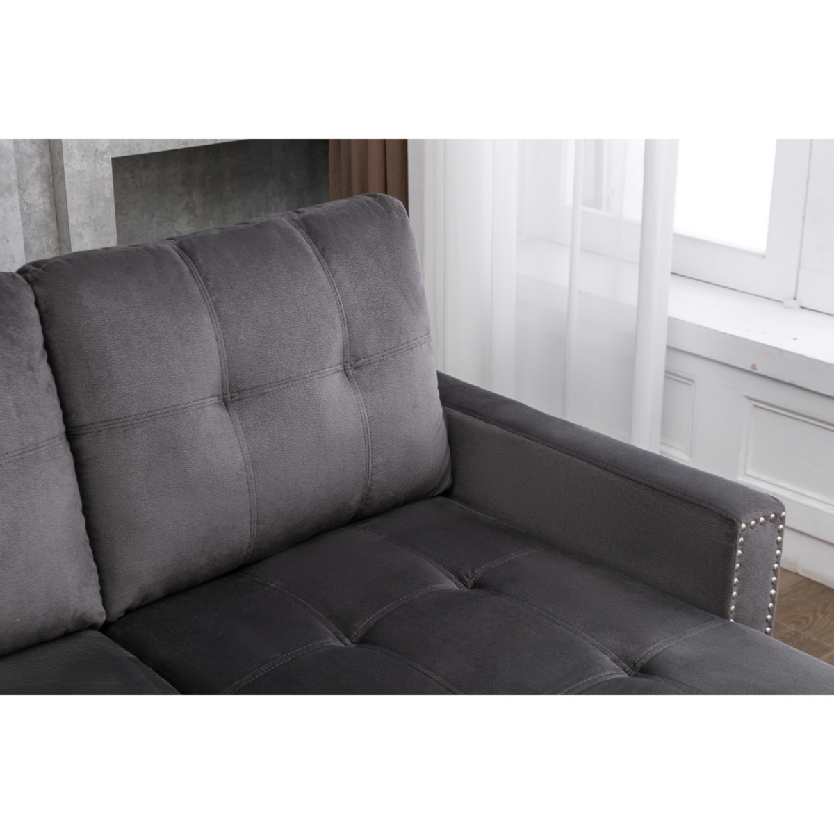 L-Shaped Velvet Sectional Sleeper Sofa, Dark Grey