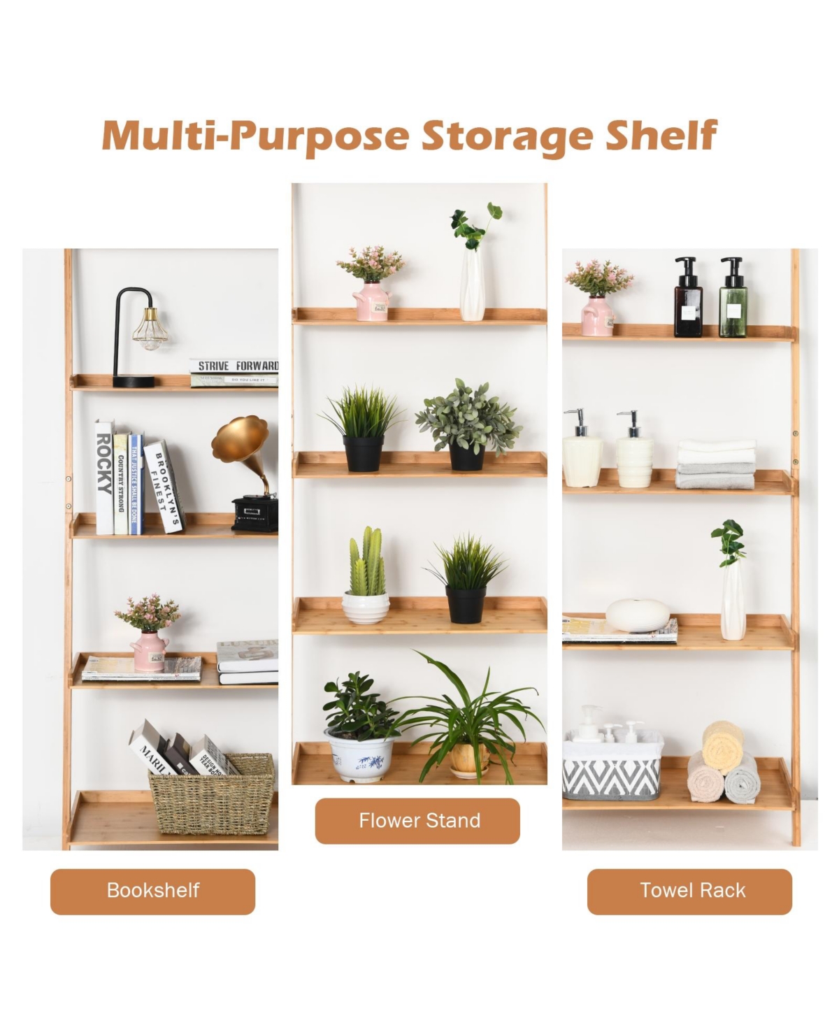 Slickblue 5-Tier Ladder Shelf Bamboo Bookshelf Wall-Leaning Storage Display Plant Stand- Natural