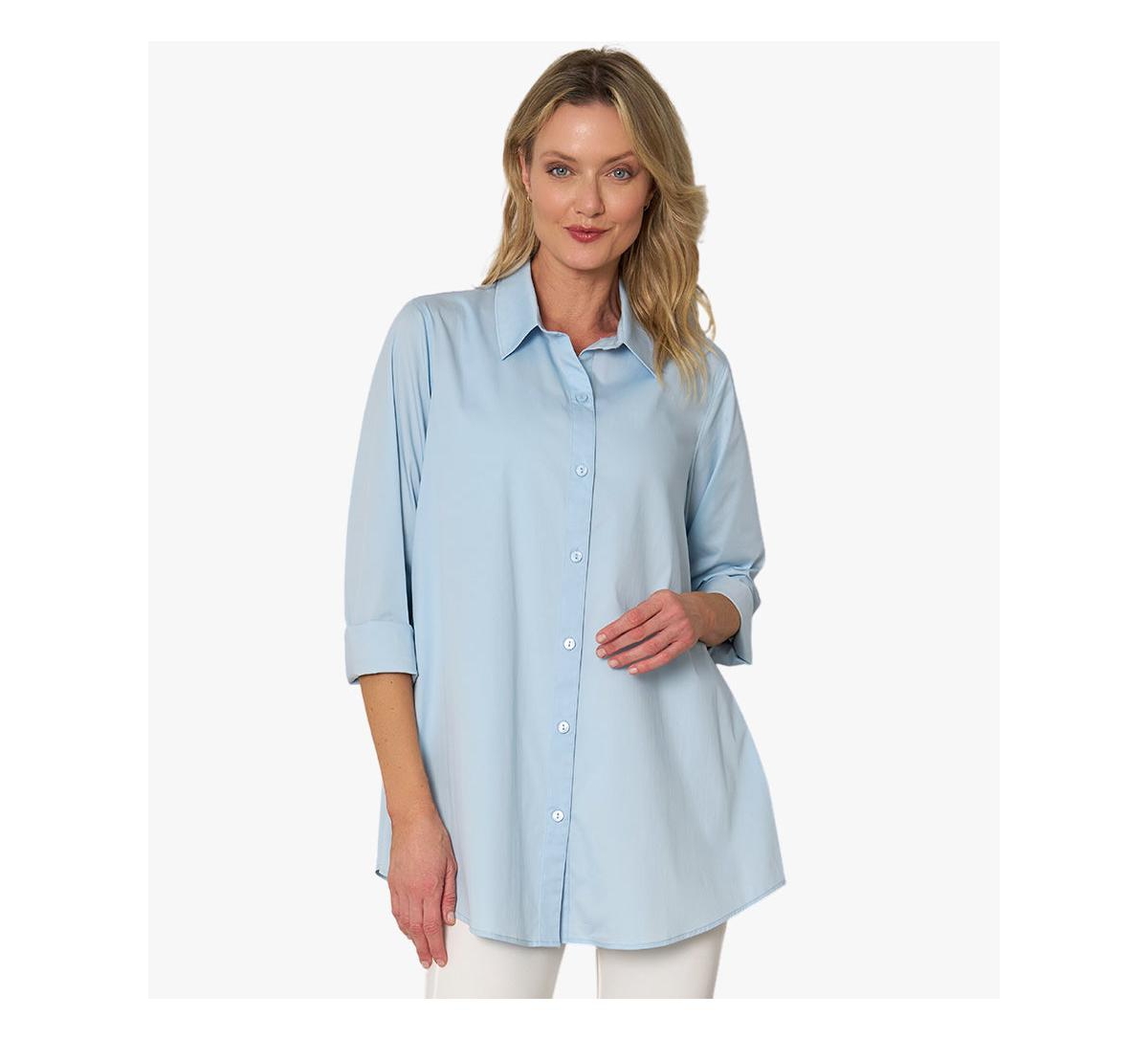 Women's Cotton Poplin Button-Front A-Line Shirt Top Prime Time Tunic - Chambray