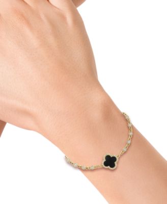 EFFY&reg; Onyx, White Topaz (1 ct. t.w.) & Diamond (1/8 ct. t.w.) Clover Link Bracelet in 14k Gold