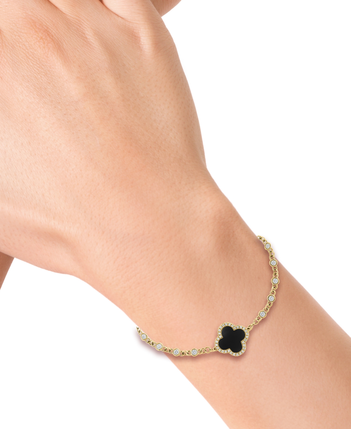 Effy Collection Effy Onyx White Topaz 1 ct. t.w. Diamond 1 8 ct. t.w. Clover Link Bracelet in 14k Gold Yellow Gol Smart Closet