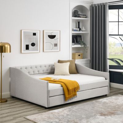 Upholstered Daybed with Trundle, Beige (80.5"x55.5"x27.5