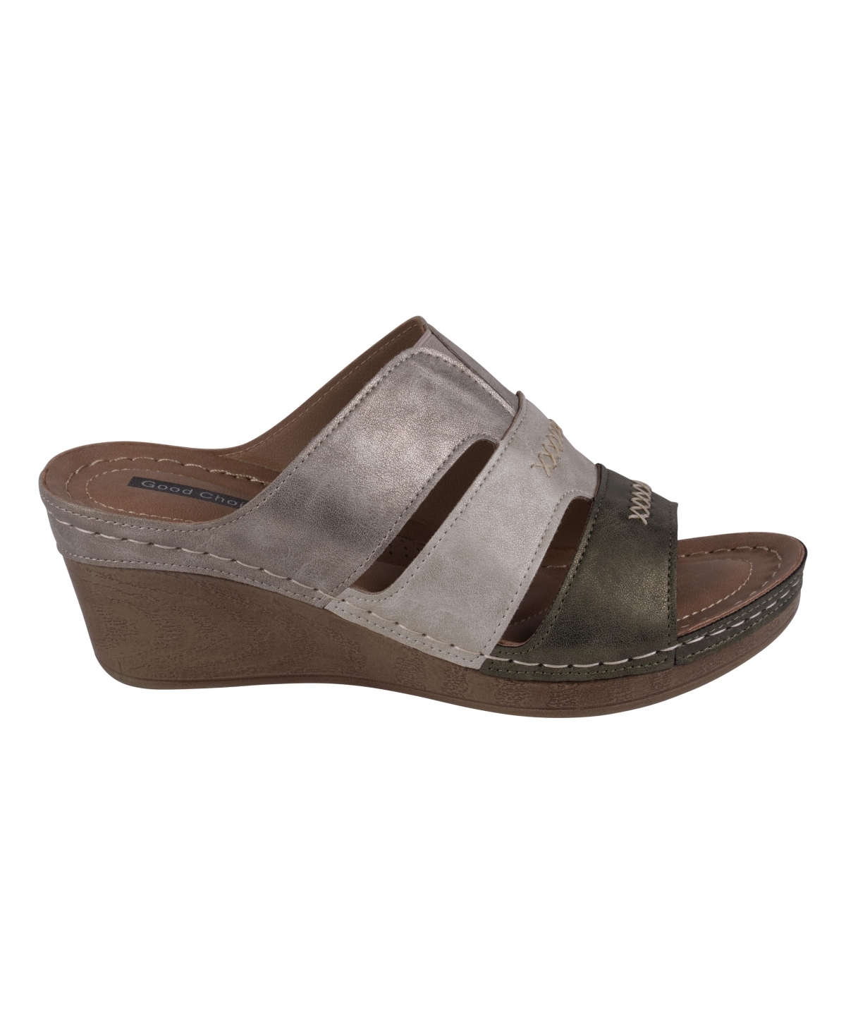 Gc Shoes Delores Khaki Multi-tone Triple Band Contrast Wedge Sandals In Khaki Multi