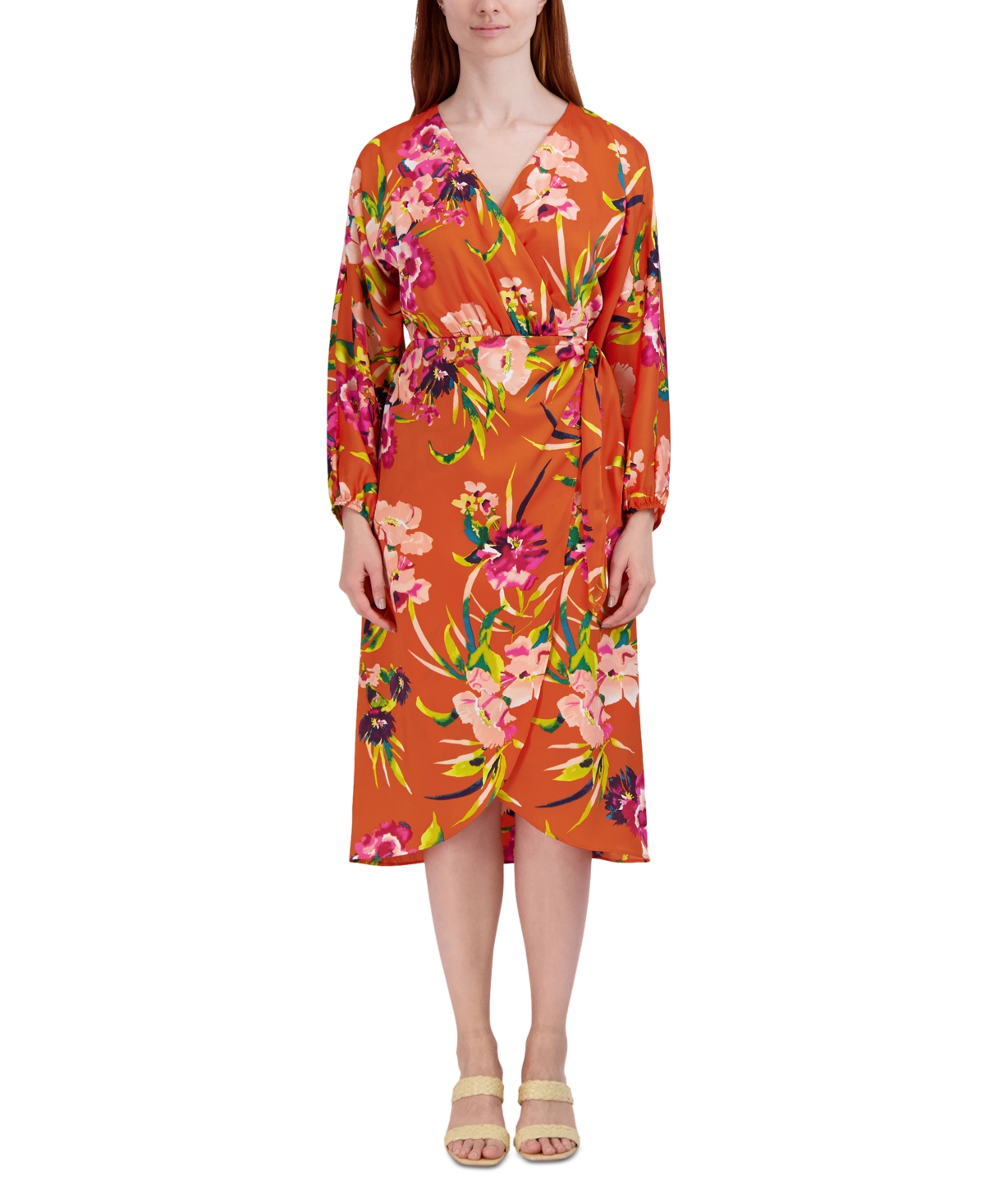 Women's Printed Faux-Wrap Long-Sleeve Dress - Orange Multi