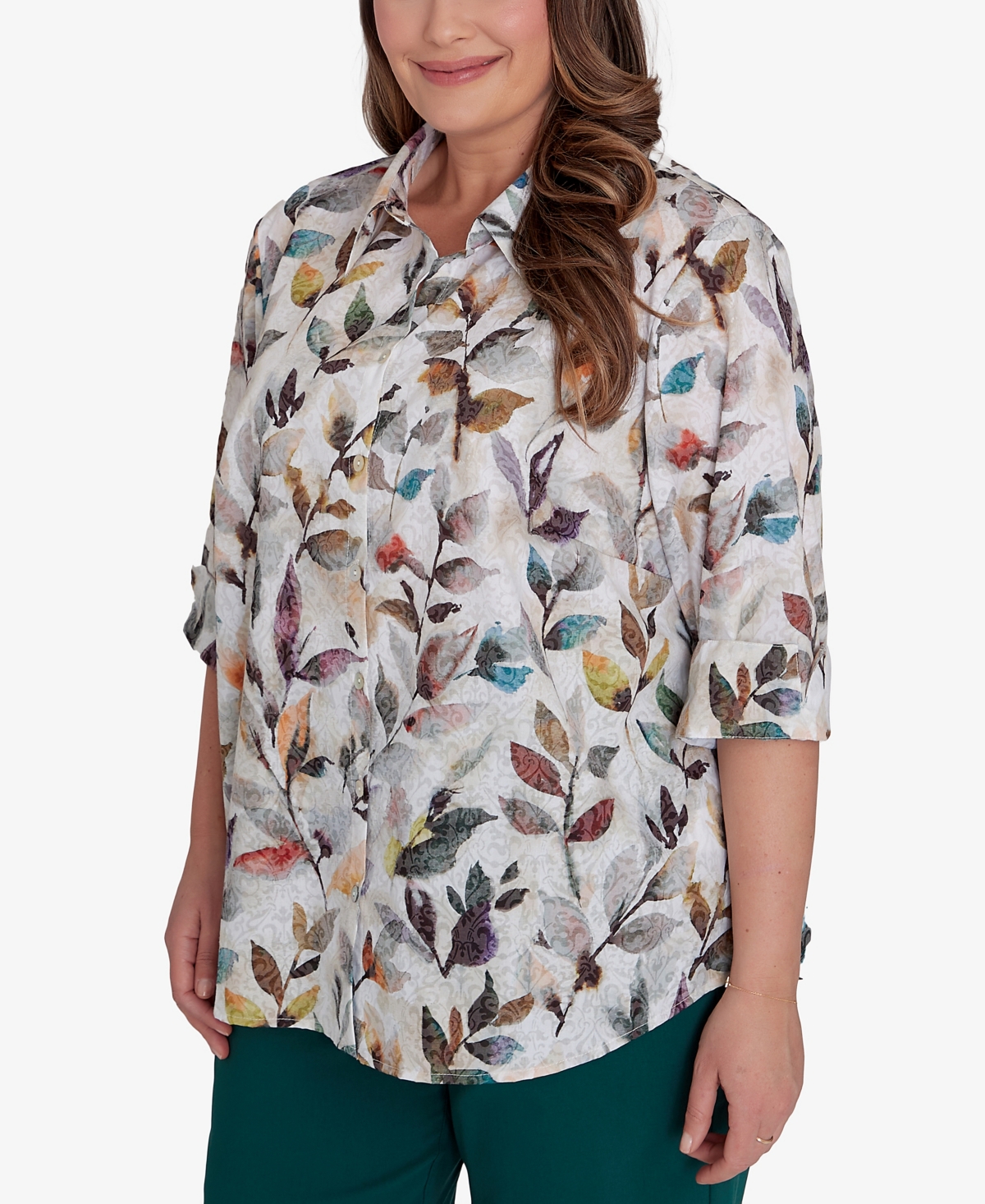 Alfred Dunner Plus Size Classic Watercolor Leaf Button Front Top