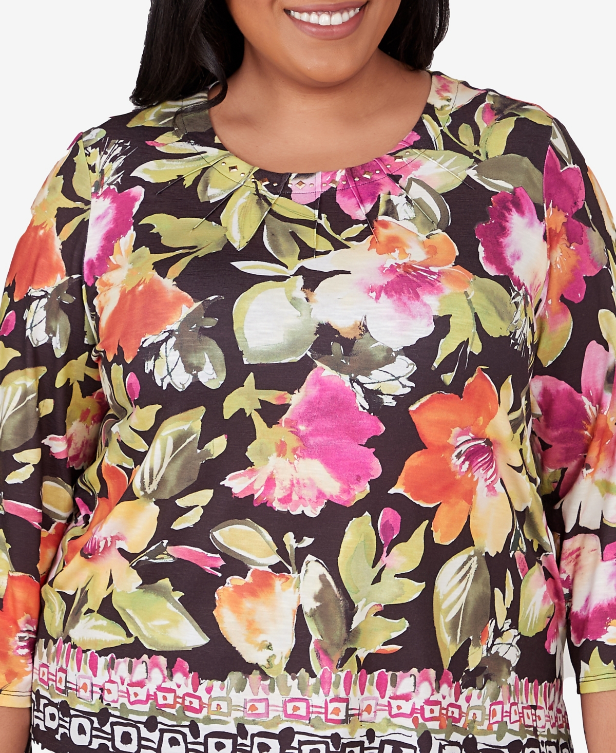 Alfred Dunner Plus Size Classic Bold Floral Geometric Border Top