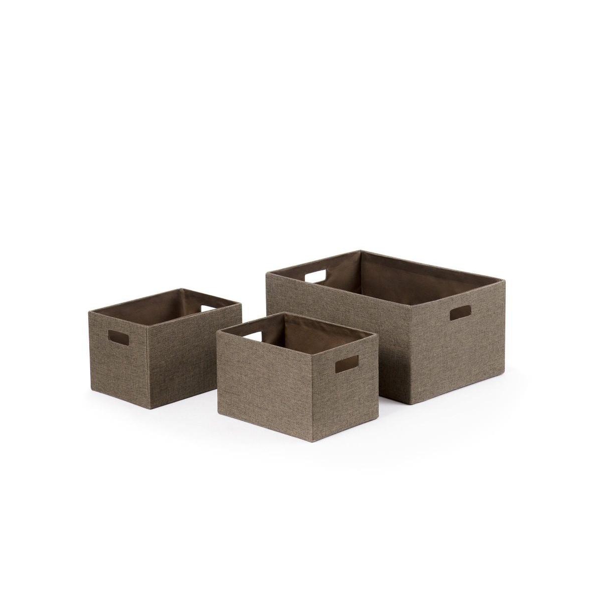 S/3 Faux Linen Covered Cardboard Rect Storage Bins - Brown