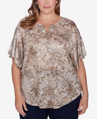 Ruby Rd. Plus Size Floral Double Bar Neckline T-Shirt - Macy's