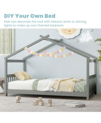 Twin Size House Bed with Roof Wooden Low Floor Bed No Box Spring Needed