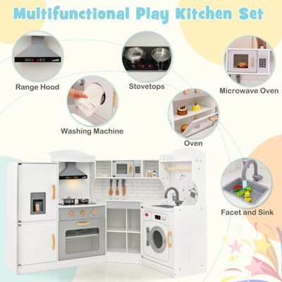 Corner Play Kitchen Toddler Kitchen Playset with Range Hood, Ice Maker, Microwave
